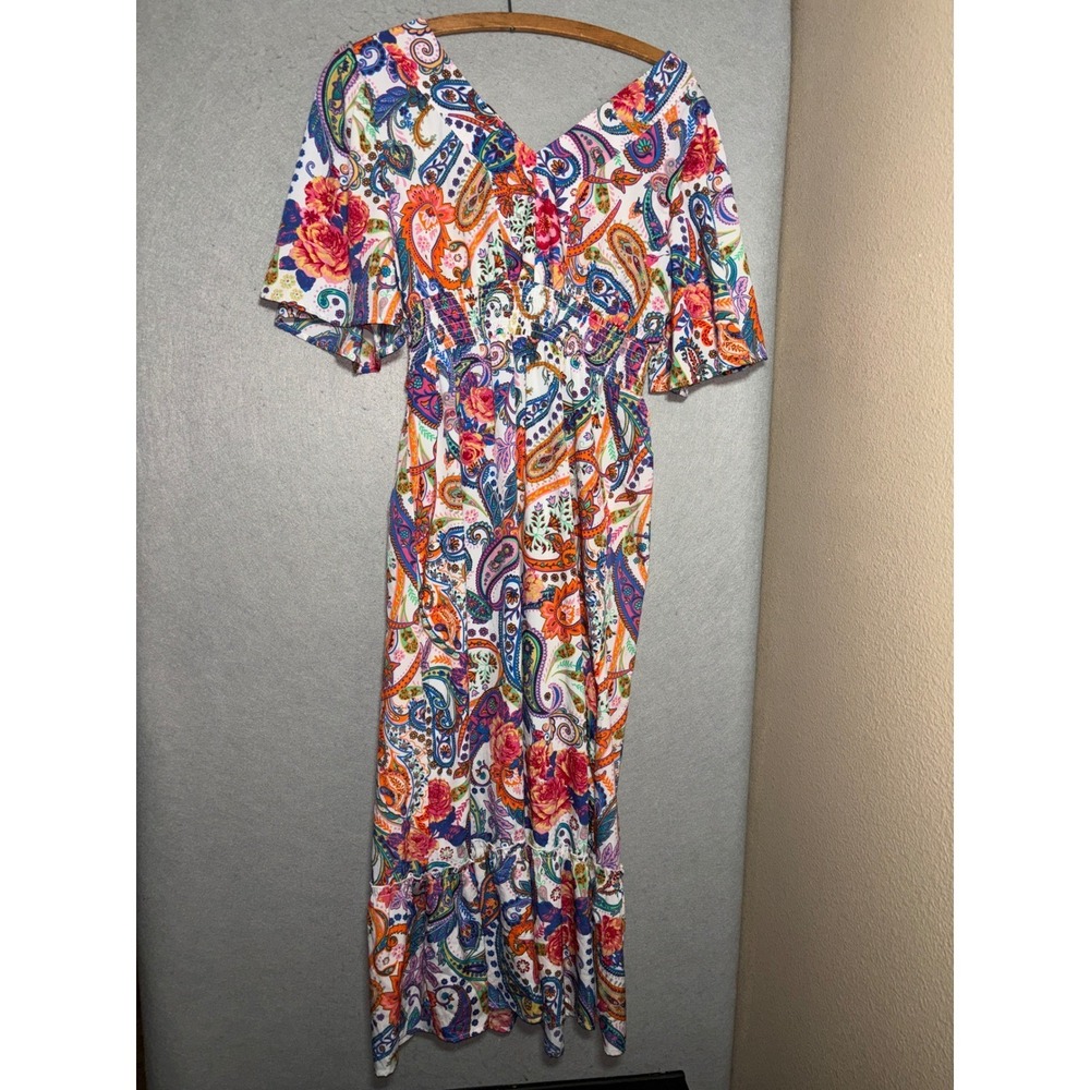 Harlow & Rose Womens S Paisley Floral Smocked Waist Maxi Dress Festival Party - Picture 2 of 5